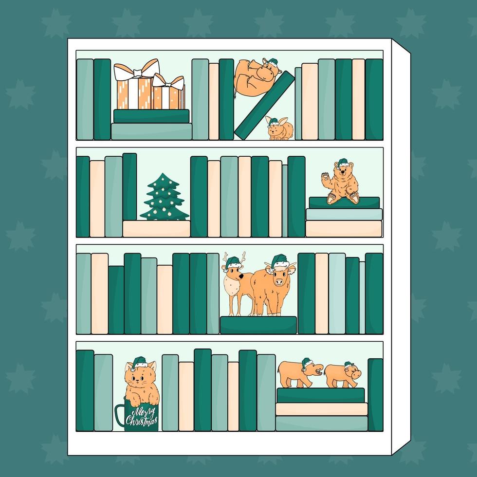 Bookcase with animals toys in Santa Claus hats. A pair of hippos, hippopotamus on its back holds paws, cat in mug, deer, bear and highland bull, Christmas tree vector