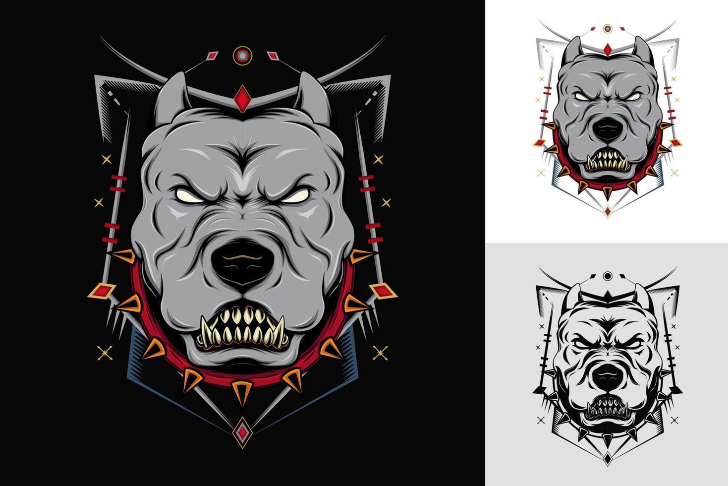 Vector Pitbull mascot emblem design template. T-shirt design with Pitbull looking dangerous. Grunge illustration art.
