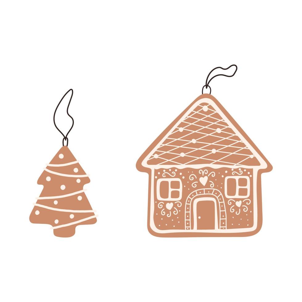 Hand drawn gingerbread house and tree, flat vector illustration isolated on white background. Christmas tree decoration with hangers.