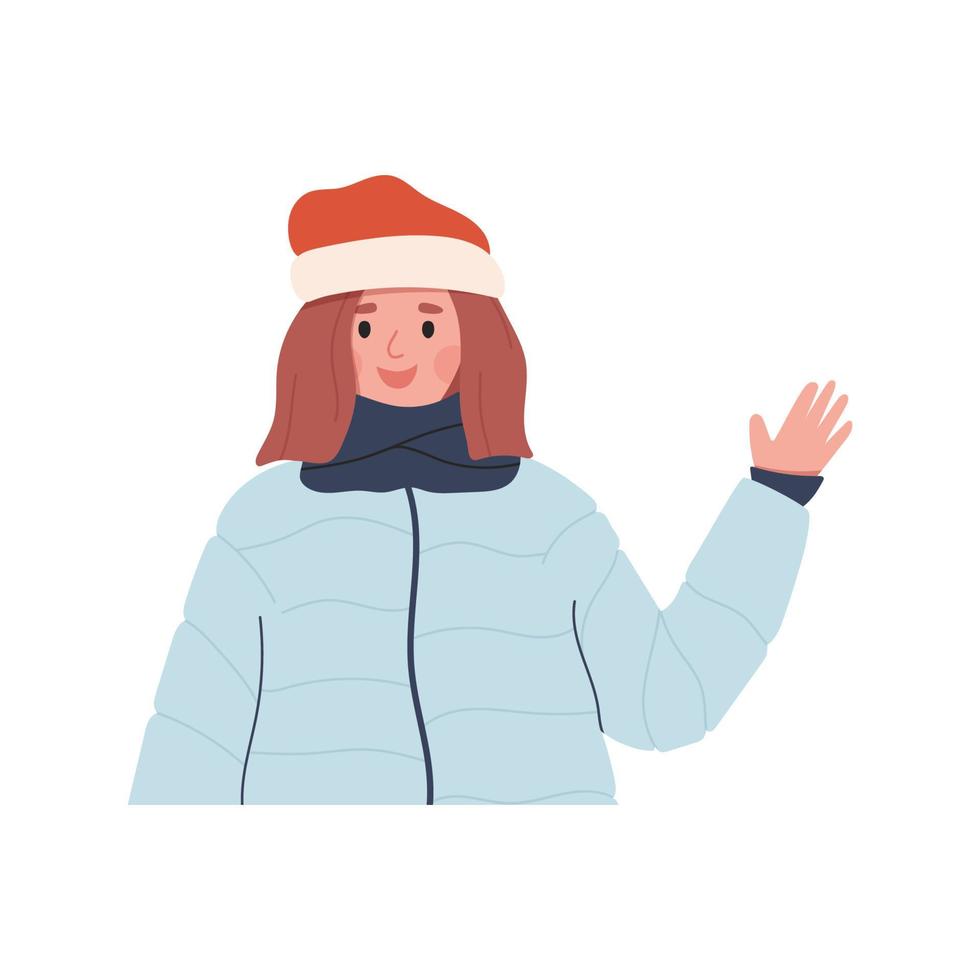 Happy woman in winter hat, scarf and down puffer jacket smiling and waving hand - flat vector illustration. Christmas and New Year celebration concept.