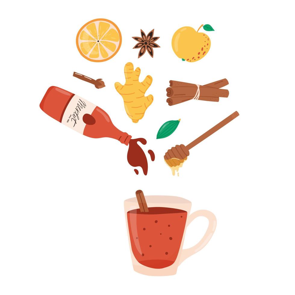 Mulled or hot wine ingredients over the glass with cinnamon, bottle, honey and cardamom - flat vector illustration of recipe.