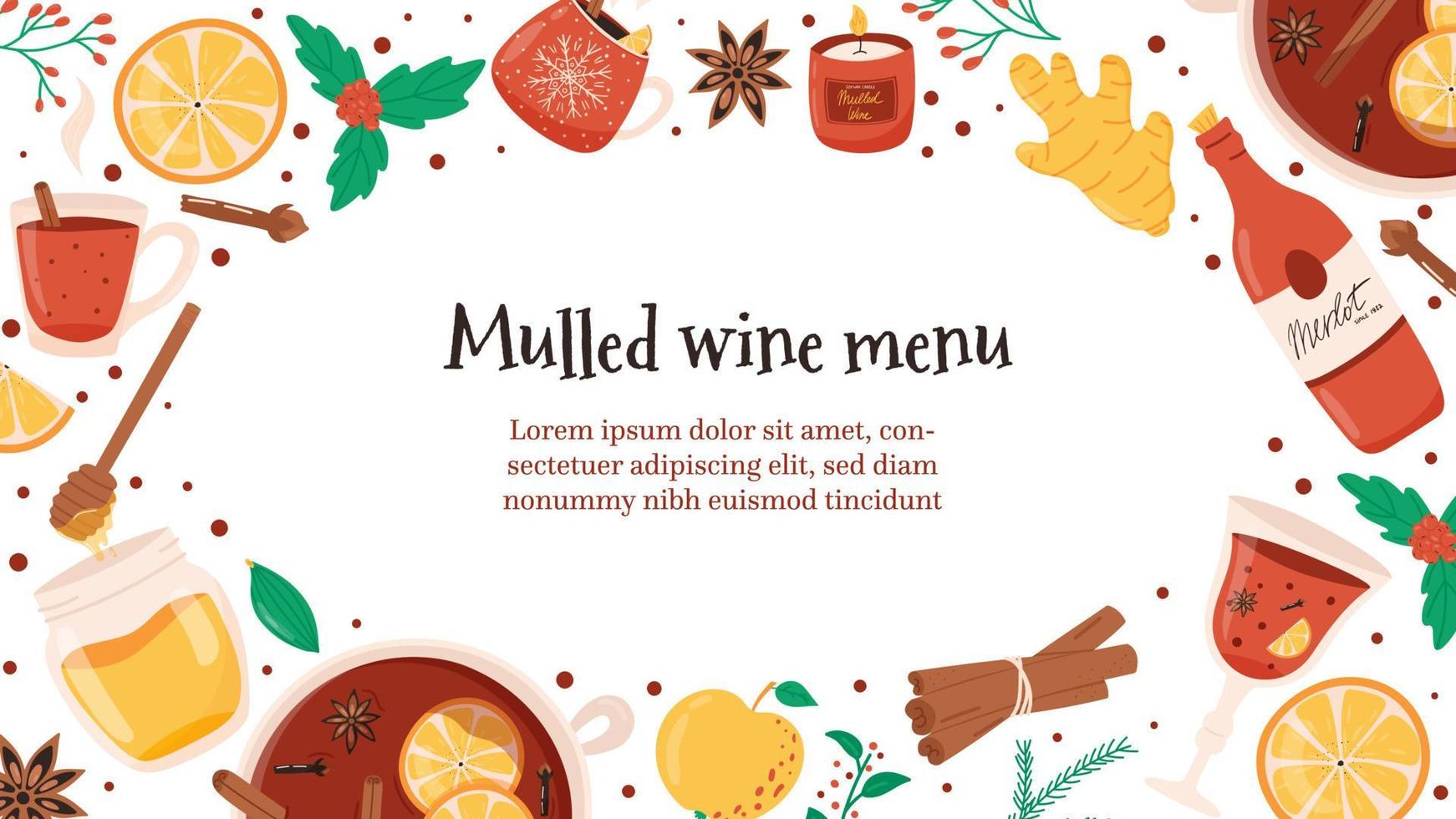 Mulled wine banner with copy space for text - flat vector illustration. Hot wine ingredeints for cozy winter and Christmas.