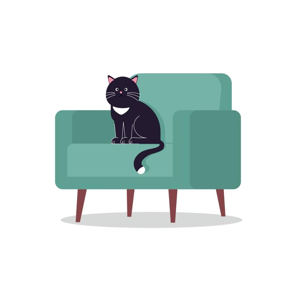 A black cat sits in an armchair. Cartoon vector illustration