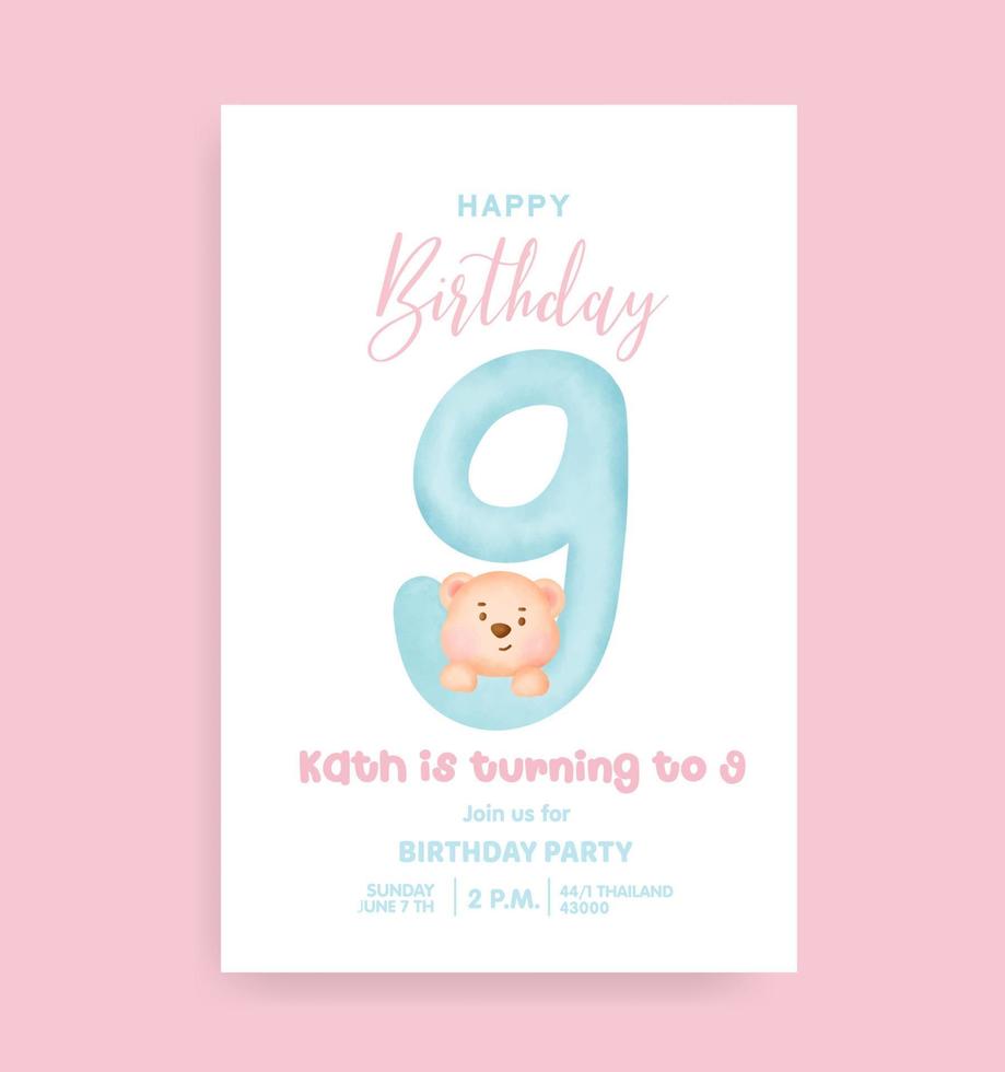 Birthday numbers with Cute teddy bear for birthday party invitation card . vector