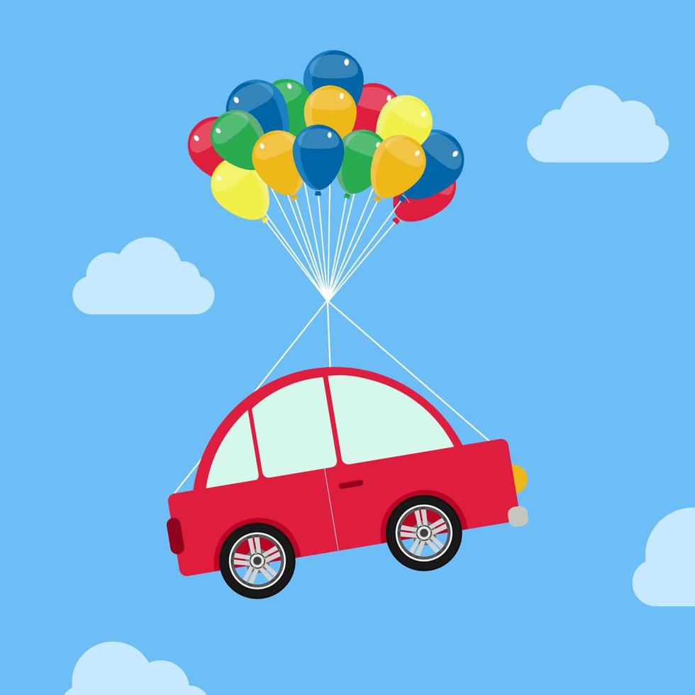 Car hanging from helium balloons, floating and soaring in the sky. vector
