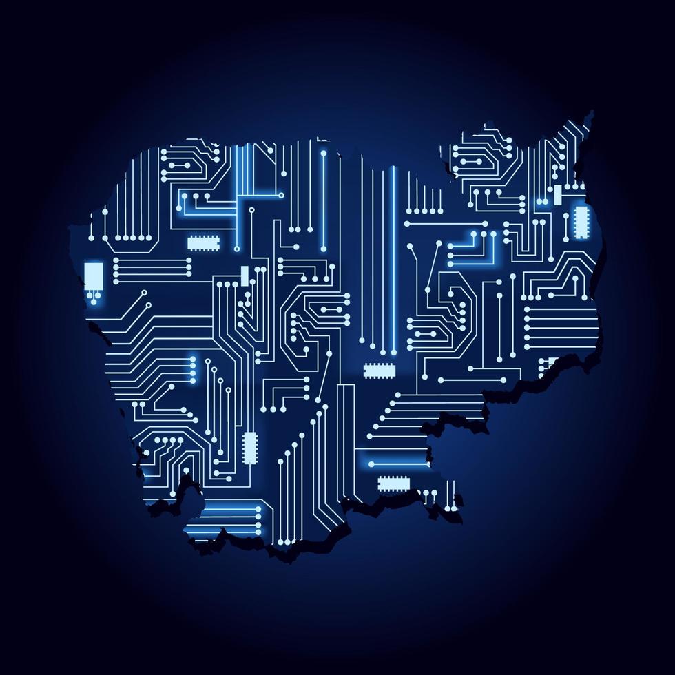 Contour map of Cambodia with a technological electronics circuit. vector