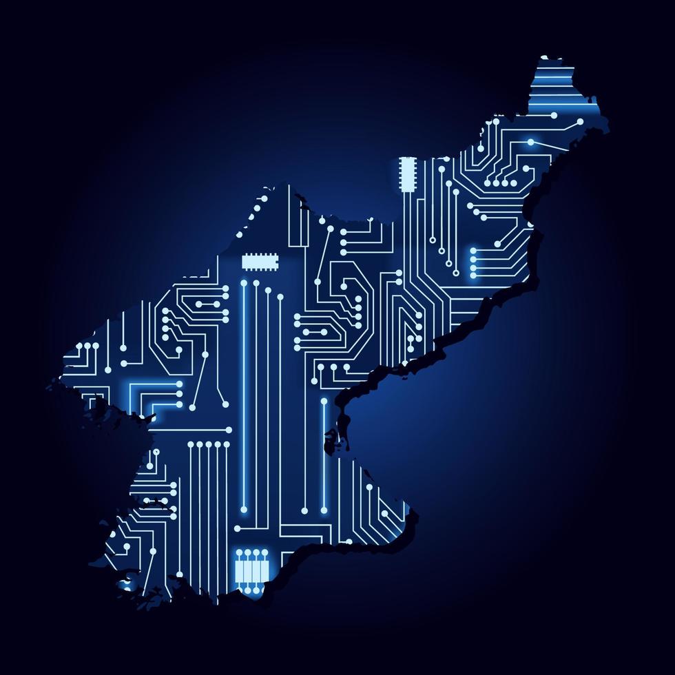 mapa de contorno de corea del norte con un circuito de electrónica tecnológica. vector