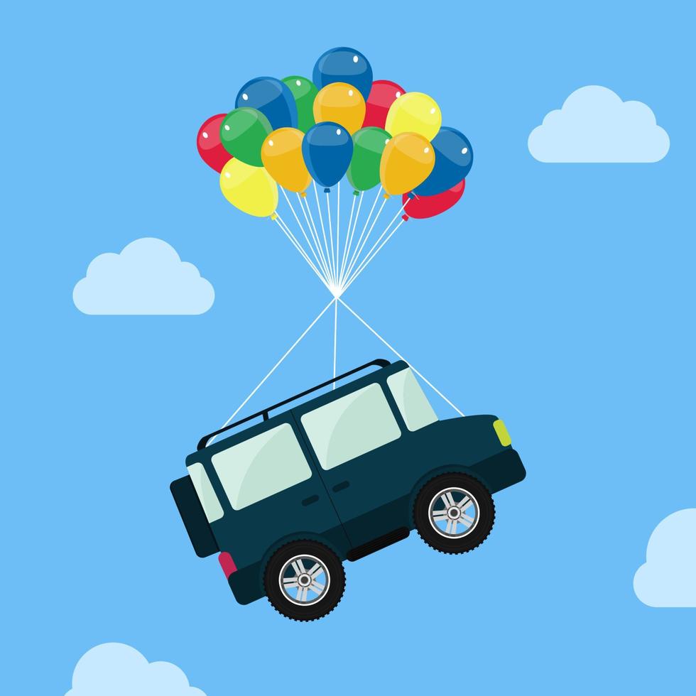 Coche 4x4 colgando de globos de helio, flotando y elevándose en el cielo. vector