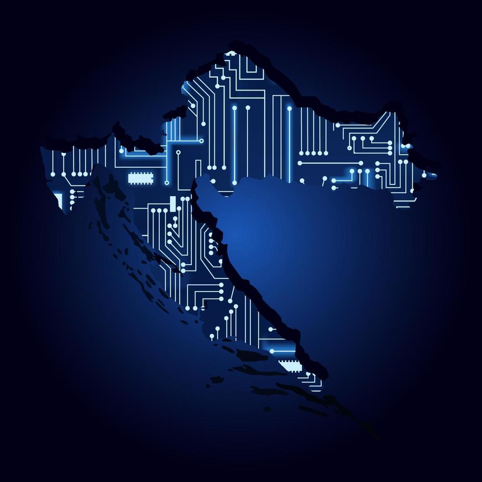 Contour map of Croatia with a technological electronics circuit. vector