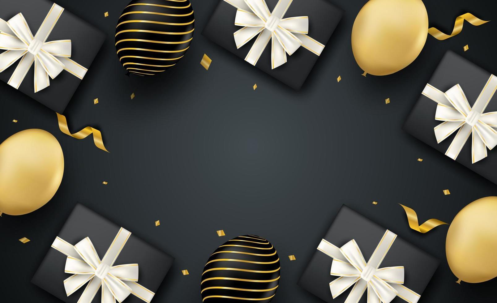 Happy new year. Design with balloons and gift box on black  background . Vector. illustration. vector