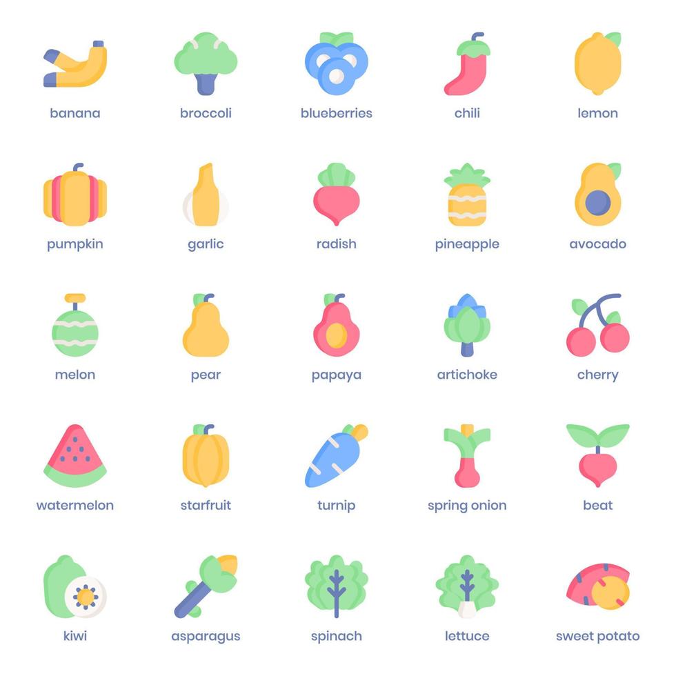 paquete de iconos de frutas y verduras para el diseño de su sitio web, logotipo, aplicación, ui. diseño plano de icono de frutas y verduras. Ilustración de gráficos vectoriales y trazo editable. vector