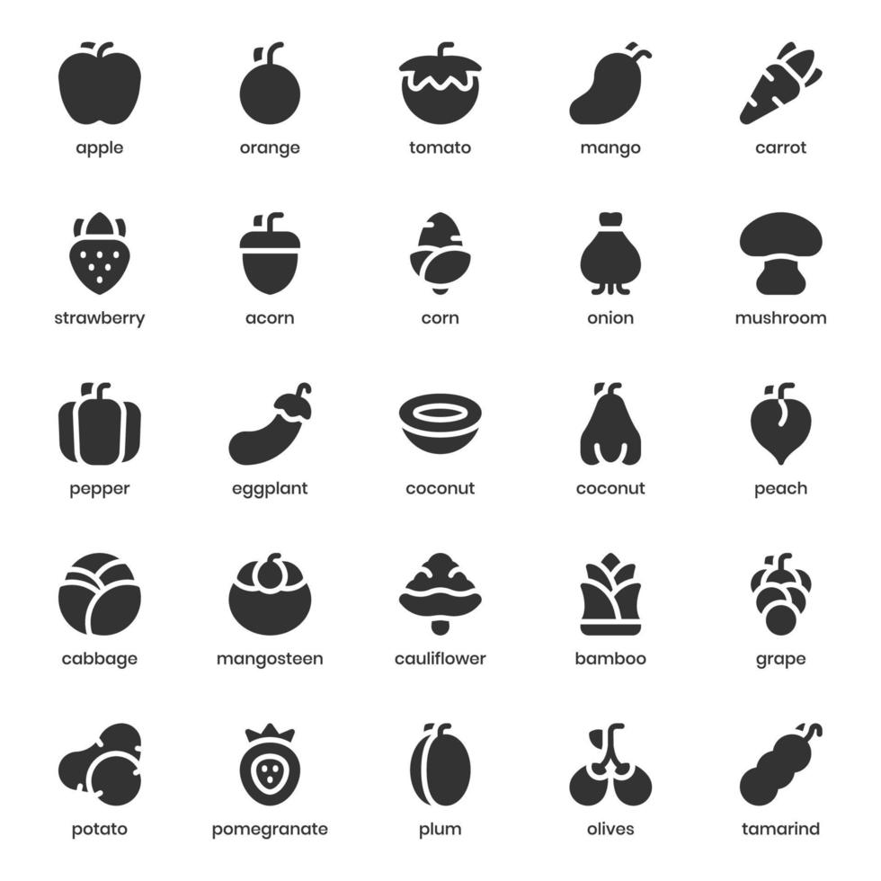 paquete de iconos de frutas y verduras para el diseño de su sitio web, logotipo, aplicación, ui. diseño de glifos de icono de frutas y verduras. Ilustración de gráficos vectoriales y trazo editable. vector