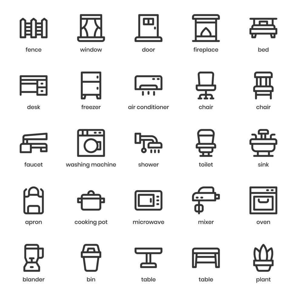 paquete de iconos de cosas caseras para el diseño de su sitio web, logotipo, aplicación, ui. diseño de esquema de icono de cosas para el hogar. Ilustración de gráficos vectoriales y trazo editable. vector