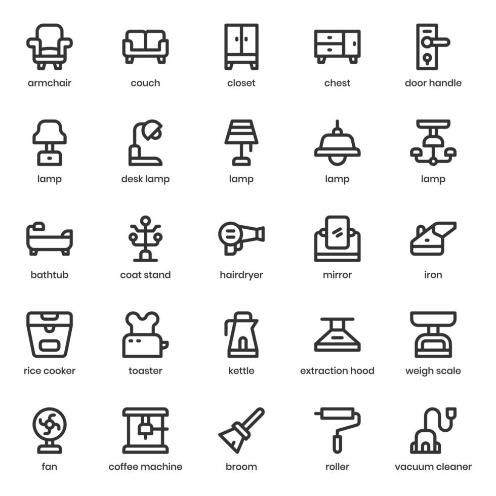 paquete de iconos de cosas caseras para el diseño de su sitio web, logotipo, aplicación, ui. diseño de esquema de icono de cosas para el hogar. Ilustración de gráficos vectoriales y trazo editable. vector