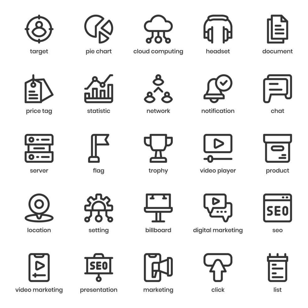 Marketing and SEO icon pack for your website design, logo, app, UI. Marketing and SEO icon outline design. Vector graphics illustration and editable stroke.