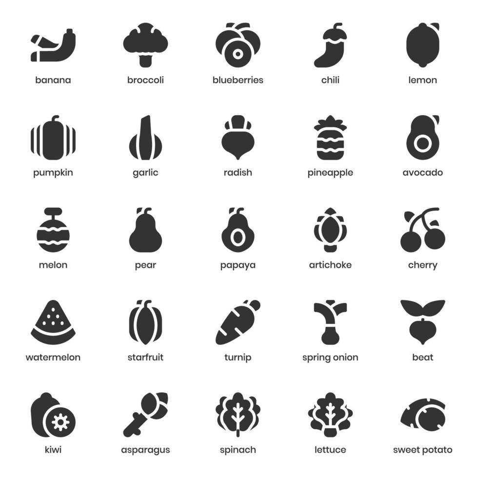 paquete de iconos de frutas y verduras para el diseño de su sitio web, logotipo, aplicación, ui. diseño de glifos de icono de frutas y verduras. Ilustración de gráficos vectoriales y trazo editable. vector