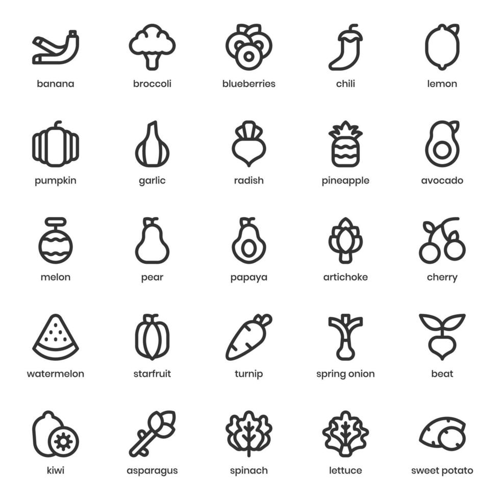 paquete de iconos de frutas y verduras para el diseño de su sitio web, logotipo, aplicación, ui. diseño de esquema de icono de frutas y verduras. Ilustración de gráficos vectoriales y trazo editable. vector