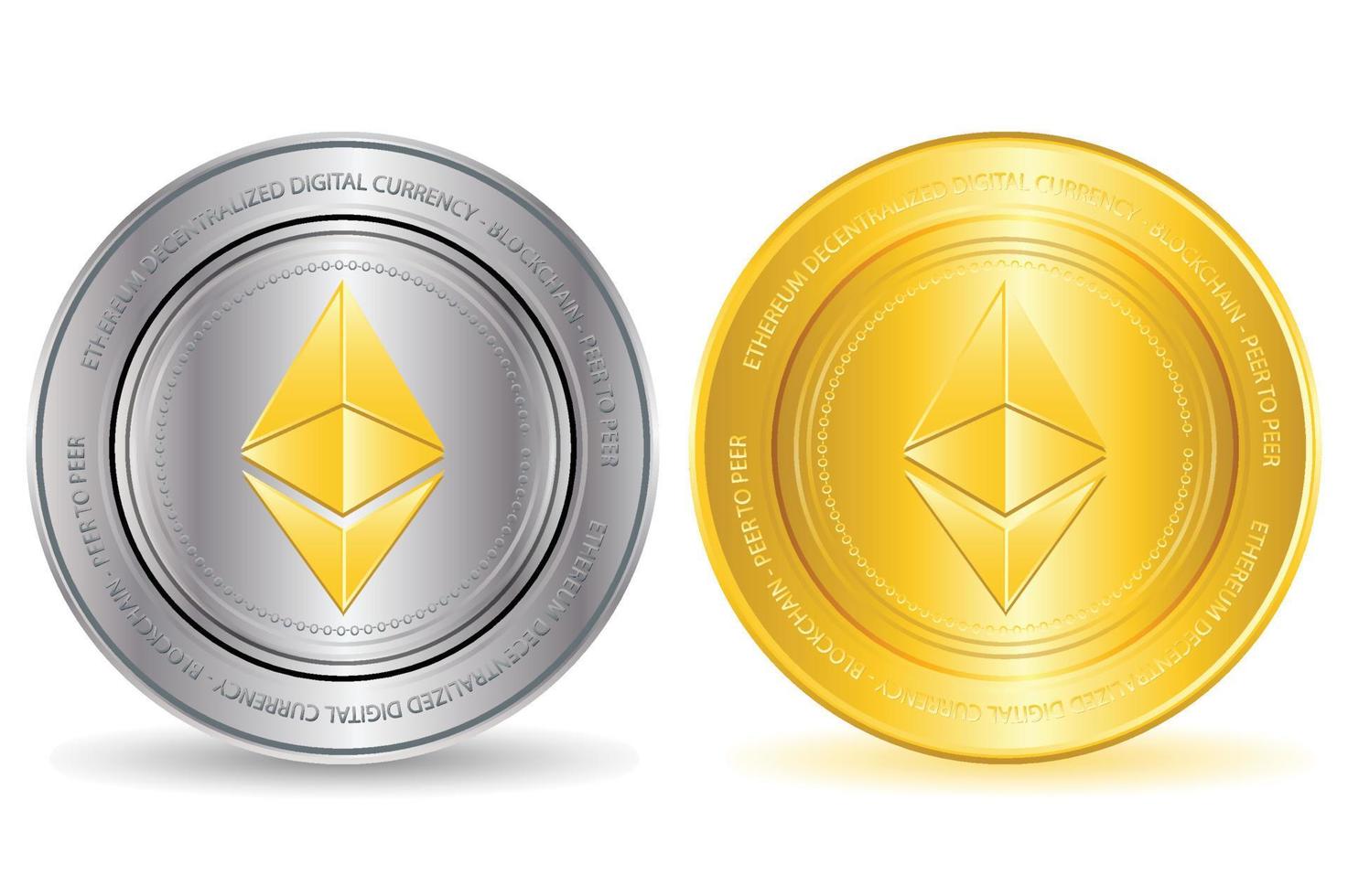 Conjunto de iconos de moneda criptográfica ethereum con medalla de oro y plata vector