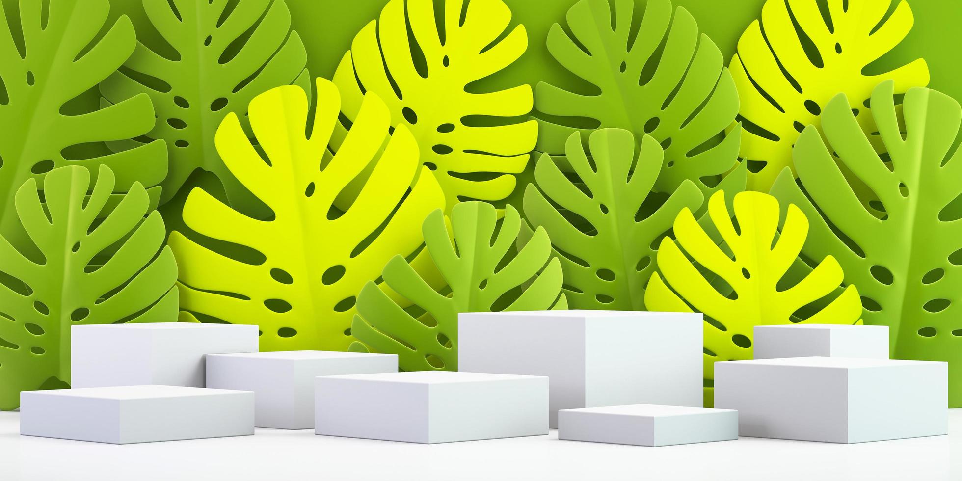 3d background for mock up podium for product presentation, green leaves background, 3d rendering photo