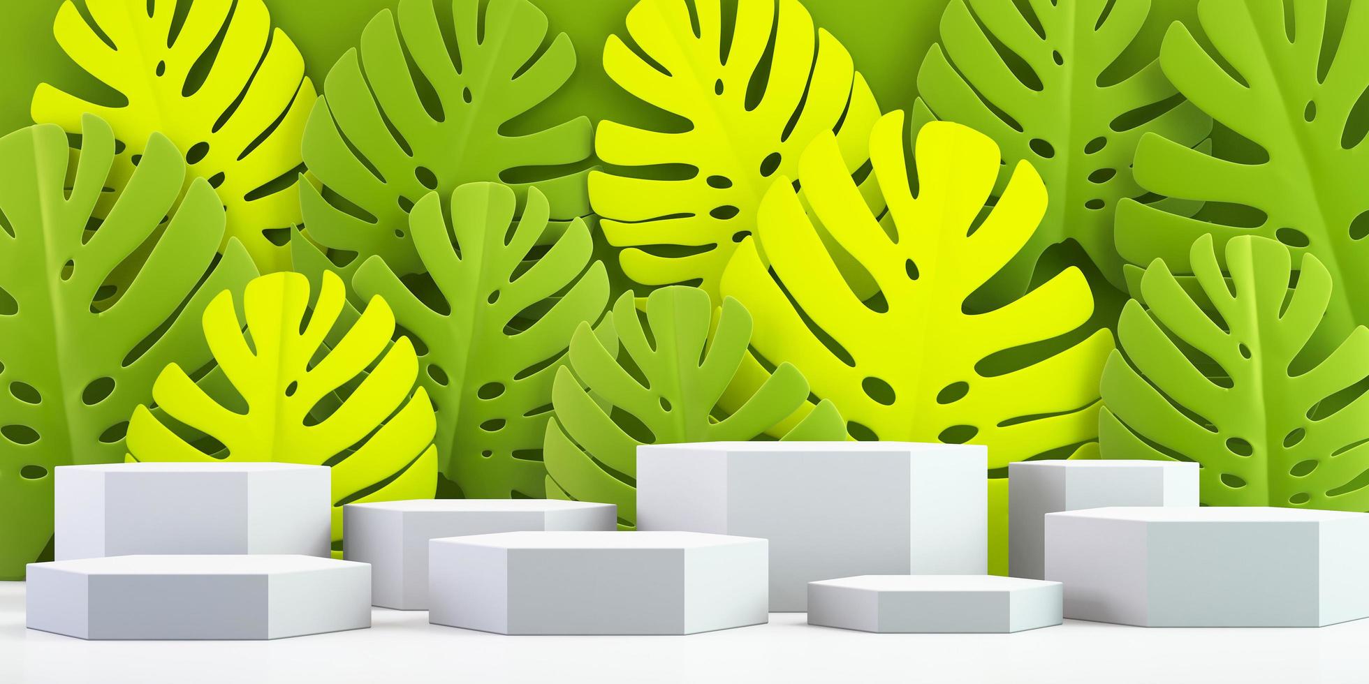 3d background for mock up podium for product presentation, green leaves background, 3d rendering photo