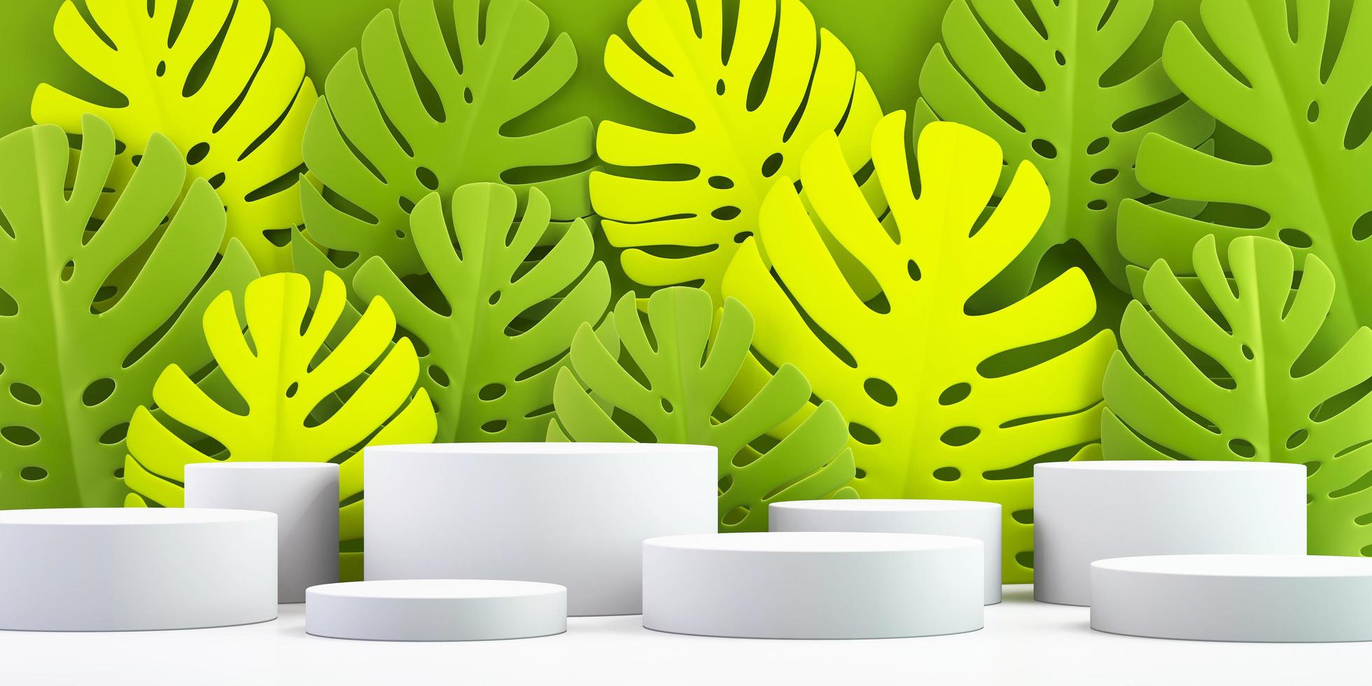 Fondo 3d para maqueta de podio para presentación de producto, fondo de hojas verdes, renderizado 3d foto