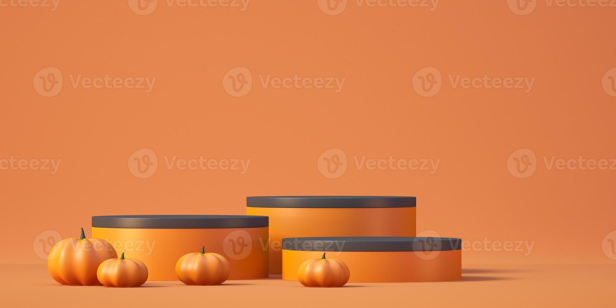 Halloween product mockup background with 3D orange product podium display and pumpkin,3D render illustration photo