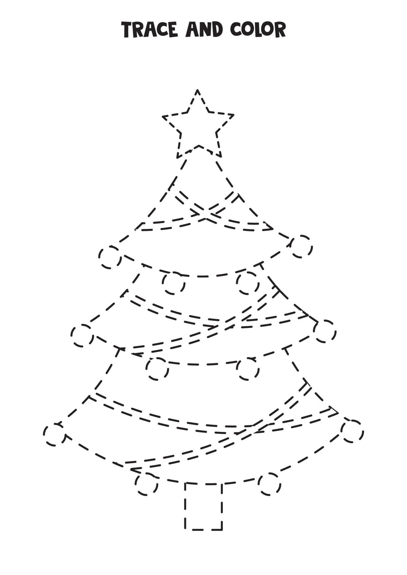 Trace and color cute Christmas tree. Worksheet for kids. 3798021 Vector