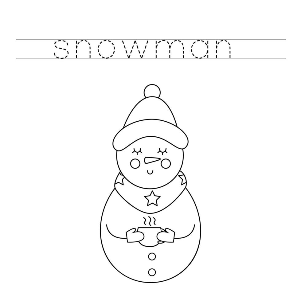 Trace and color cute snowman. Worksheet for kids. vector