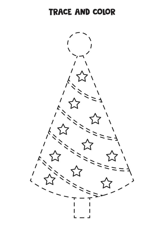 Trace and color cute Christmas tree. Worksheet for kids. vector