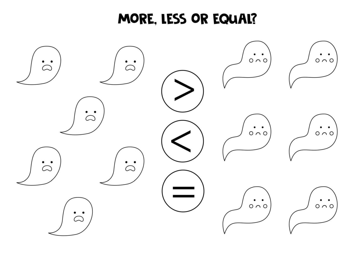 More, less, equal with cute cartoon ghosts. Math comparison. vector