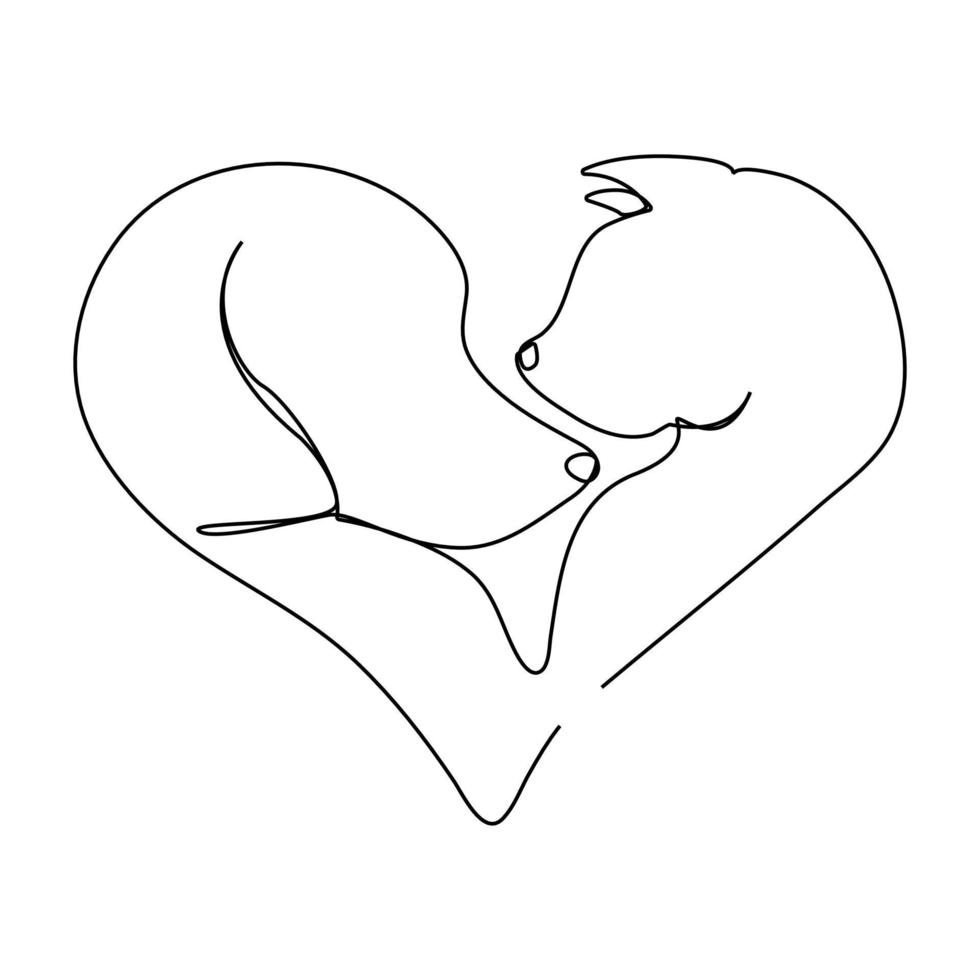 Continuous lines, cats and dogs love each other. vector