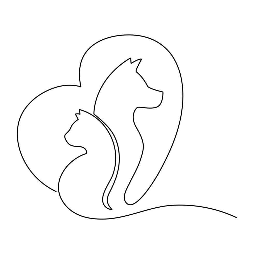 Continuous lines, cats and dogs love each other. vector