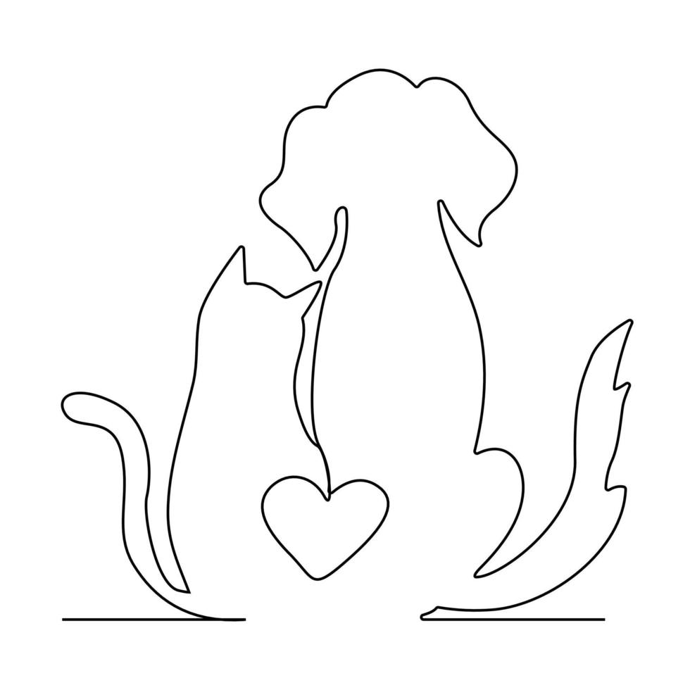 Continuous lines, cats and dogs love each other. vector