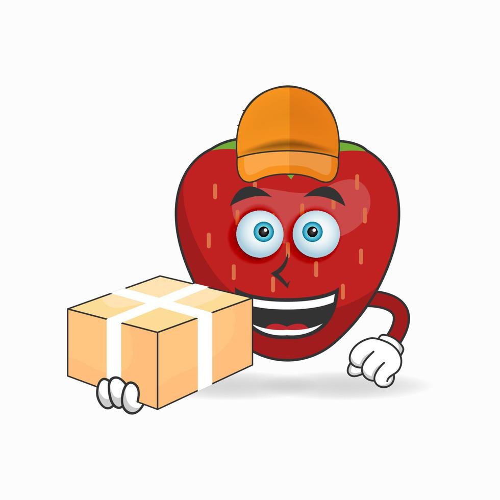 The Strawberry mascot character is a delivery person. vector illustration