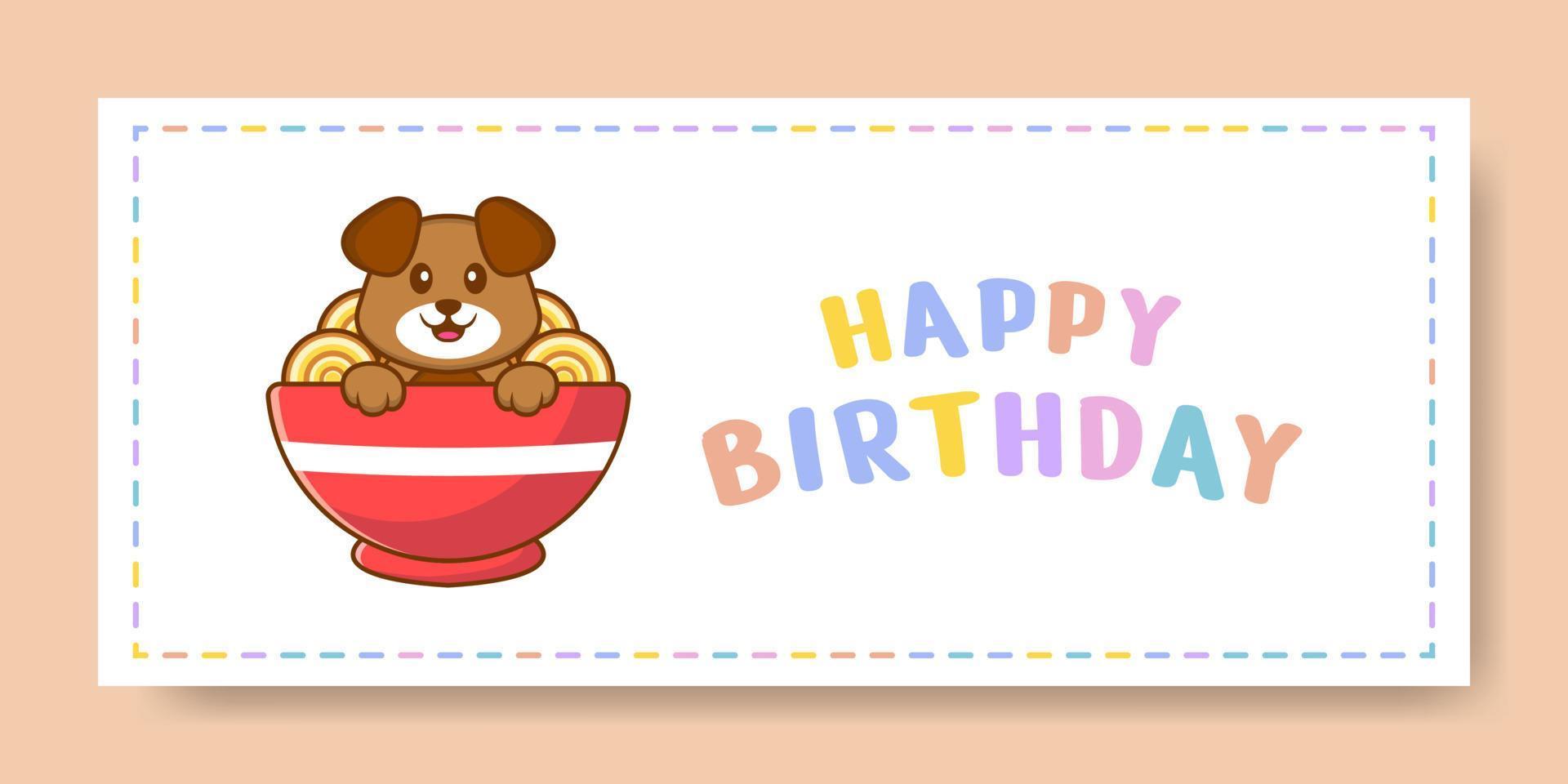 Banner de feliz cumpleaños con personaje de dibujos animados de perro lindo. ilustración vectorial vector