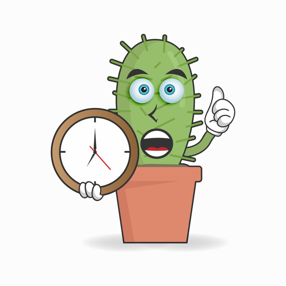 Cactus mascot character holding a wall clock. vector illustration