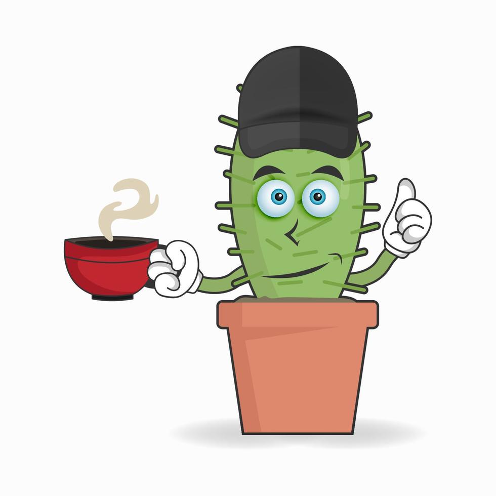Cactus mascot character holding a hot cup of coffee. vector illustration