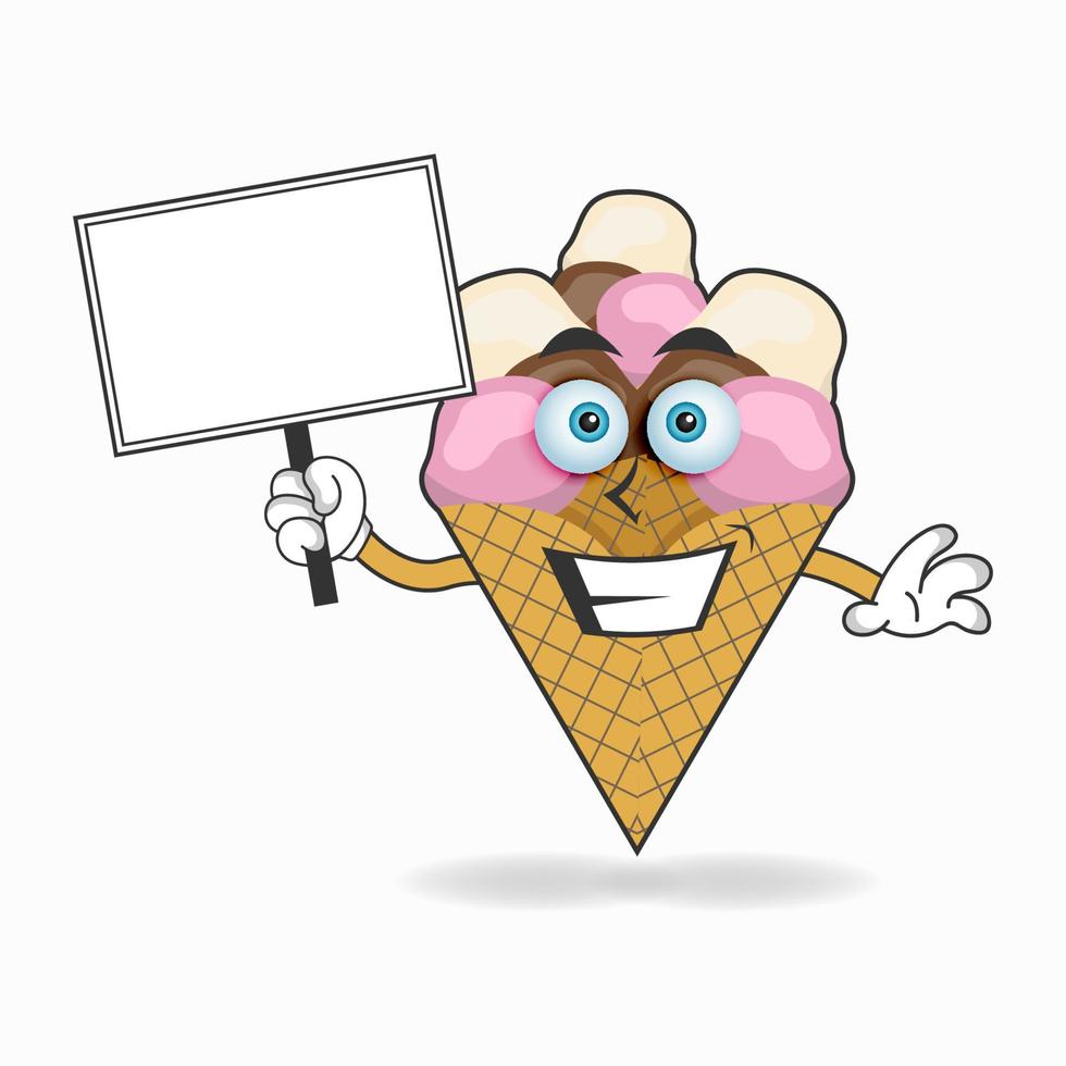 Ice Cream mascot character holding a white blackboard. vector illustration