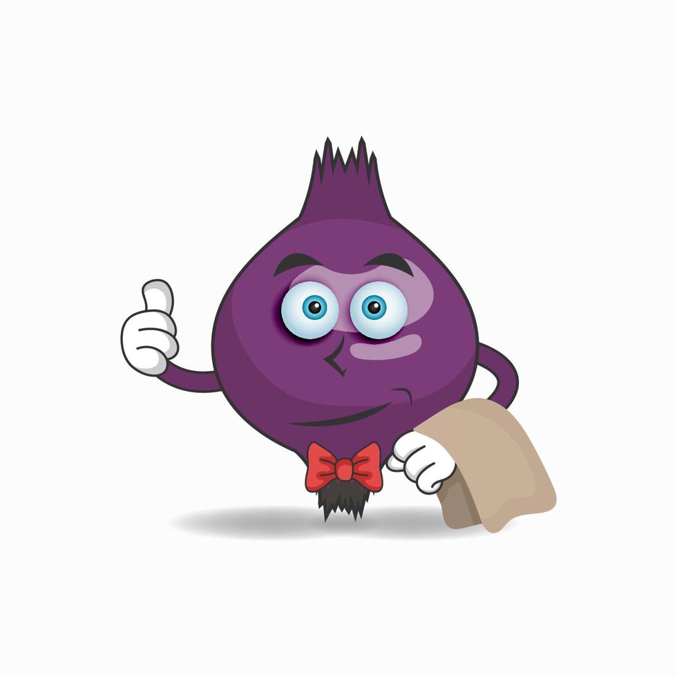 el personaje de la mascota de la cebolla morada se convierte en camareros. ilustración vectorial vector