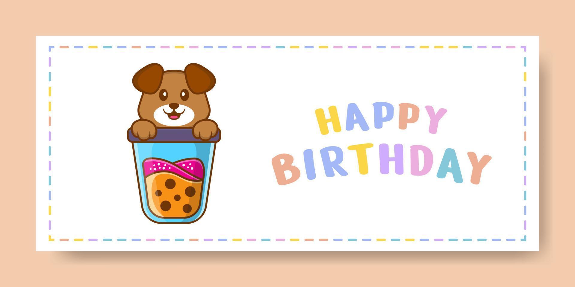 Happy Birthday banner with Cute dog cartoon character. Vector Illustration