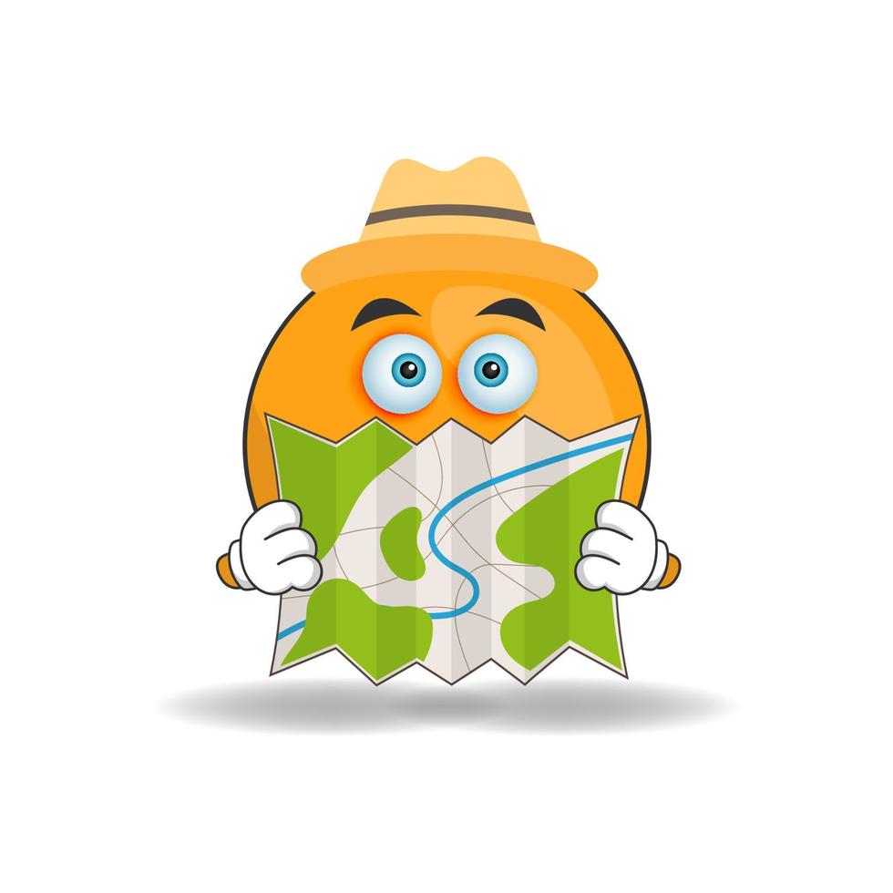 The Orange mascot character holds a map. vector illustration