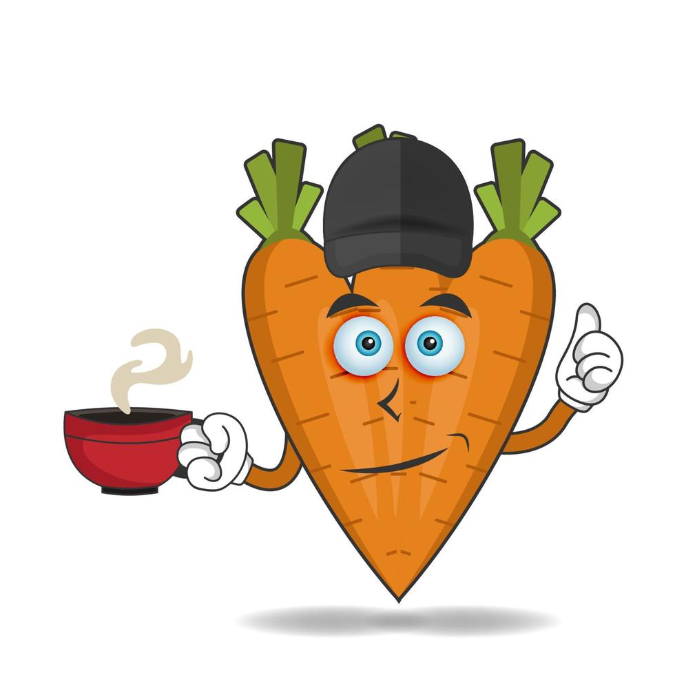 Carrot mascot character holding a hot cup of coffee. vector illustration