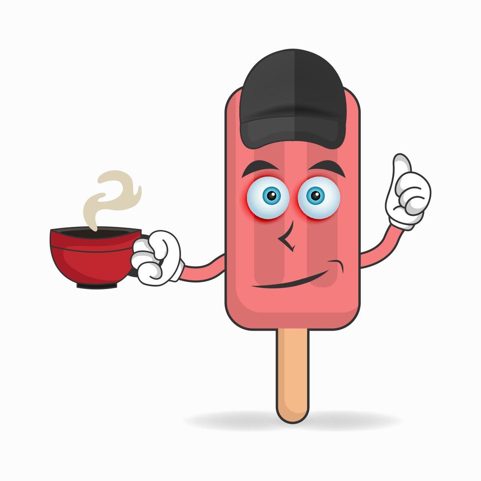 Red Ice Cream mascot character holding a hot cup of coffee. vector illustration