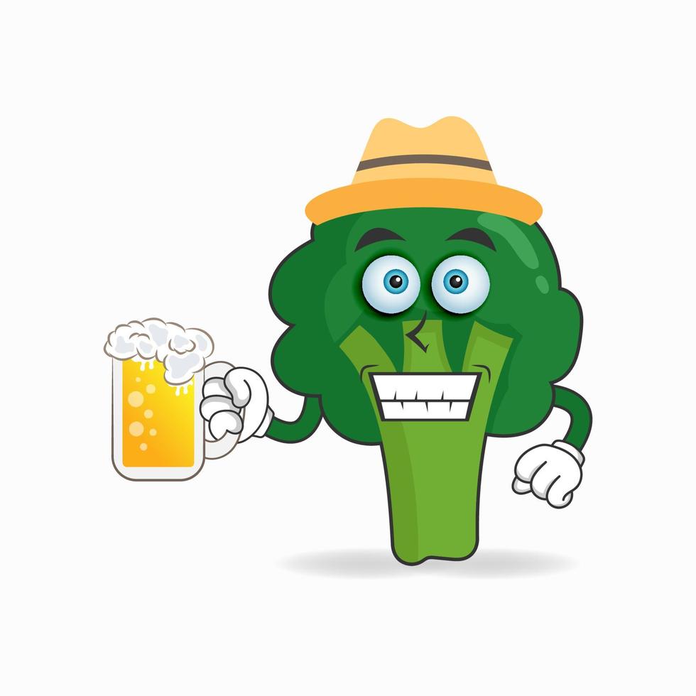 el personaje de la mascota del brócoli sostiene un vaso lleno de una bebida. ilustración vectorial vector