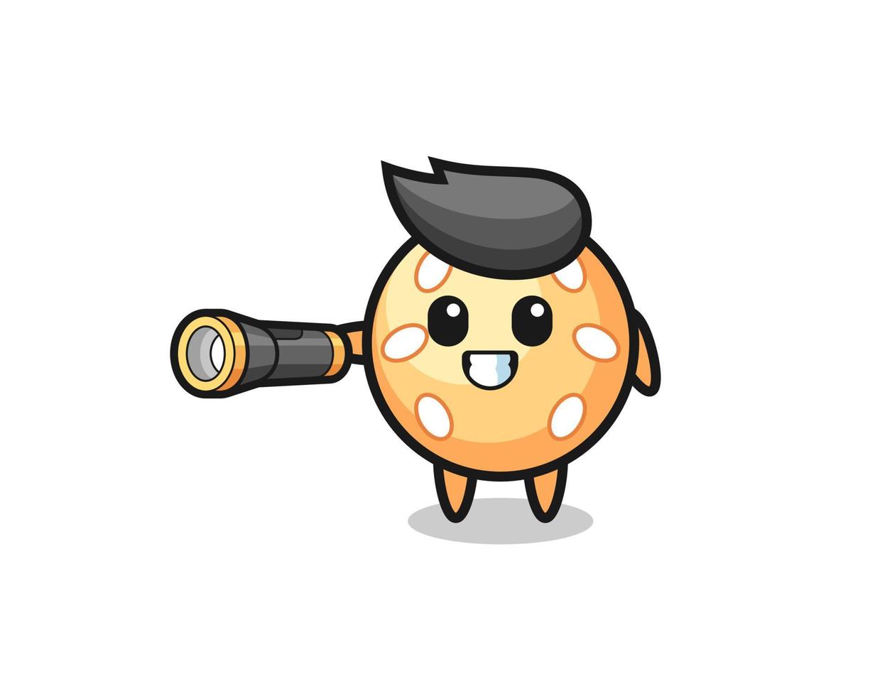 sesame ball mascot holding flashlight vector