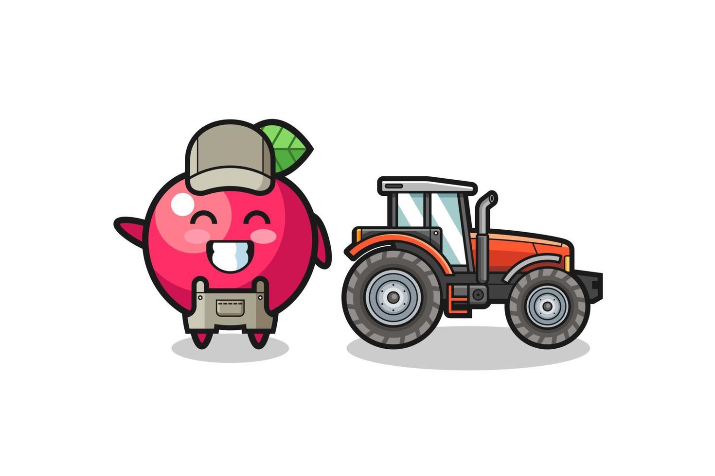 la mascota del granjero de manzanas de pie junto a un tractor vector