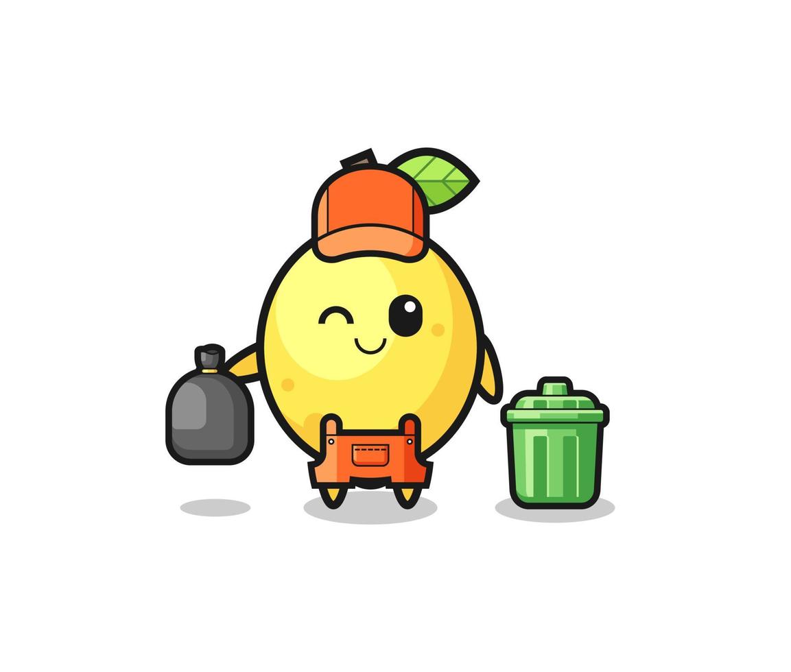 the mascot of cute lemon as garbage collector vector
