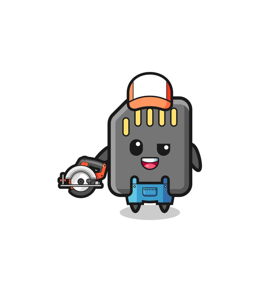 the woodworker memory card mascot holding a circular saw vector