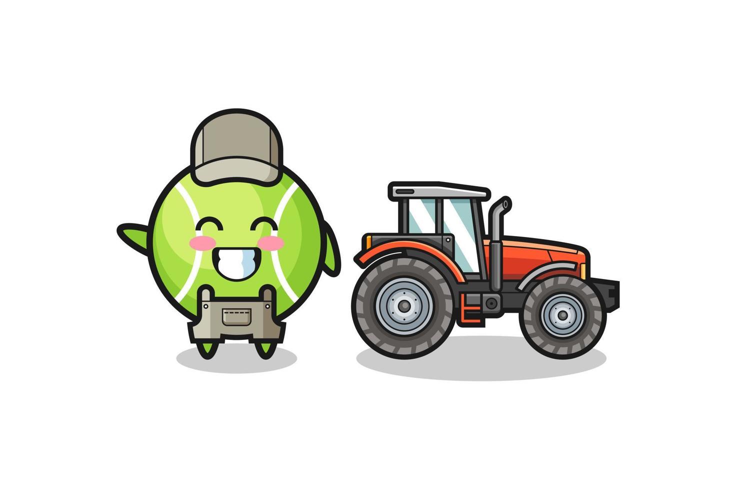 La mascota del granjero de tenis de pie junto a un tractor. vector