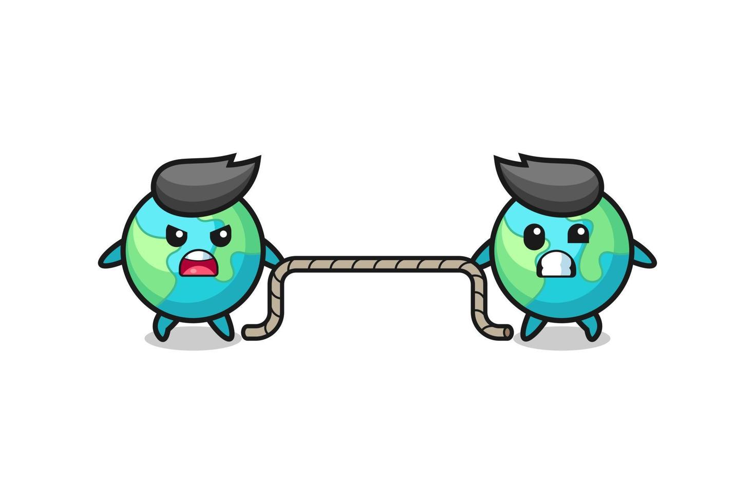 cute earth character is playing tug of war game vector